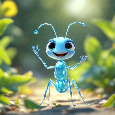 The primary subject of the image is a cartoon-like blue insect, possibly a grasshopper or a beetle, standing on a dirt path. The insect is smiling and appears to be waving at the viewer. The setting is a lush green field with grass and flowers, creating a vibrant and natural backdrop. The visual style of the image is a combination of photo and digital art, giving it a unique and creative appearance. The colors and mood of the image are predominantly blue and